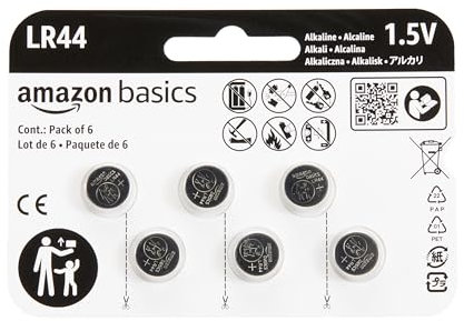 Amazon Basics, 6 batterie a bottone al litio LR44, 1,5 volt, lunga durata, senza mercurio