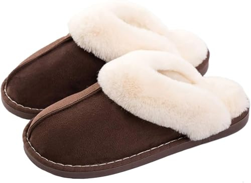 Kemosen Damen Hausschuhe Herren Pantoffeln Winter Warme Weiche Slippers Plüsch Flauschige Flache Schuhe,Kaffee,46/47 EU