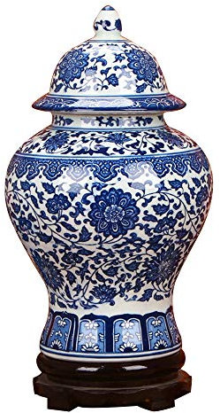 ufengke Jingdezhen Classic Blue and White Porcelain Floral Temple Ginger Jar Vase, China Ming Style,Height 15inch(38cm),Blue,White