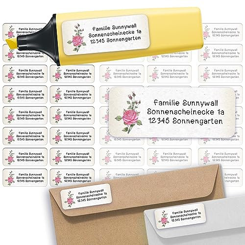 Sunnywall® Adressetiketten Adressaufkleber personalisiert - 110 Klebeetiketten pinke Rosen 53x21mm | Aufkleber mit Wunschtext