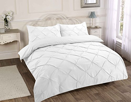 RAYYANLINEN 3PCs PINTUCK PLEATED DUVET COVER BEDDING SET WITH PILLOWCASES (White, SUPER KING)