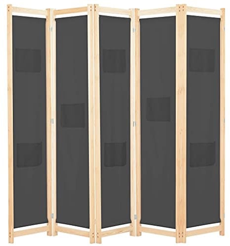 vidaXL Holz Raumteiler 5-TLG. Paravent Trennwand Umkleide Sichtschutz Spanische Wand Raumtrenner Stellwand Grau 200x170x4 cm Stoff Klappbar Platzsparend