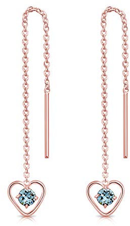 DTPsilver® Durch Ohrringe ziehen 925 Sterling Silber Rosen-Gold überzogen mit Baumelnde Herz und 3 mm runden Swarovski® Elements Kristall - Länge 68 mm - Farbe : Aquamarin