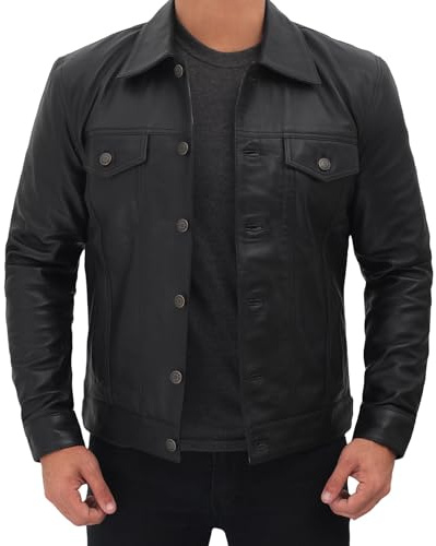 fjackets Premium Leather Trucker Jacket Men, Shirt Collar Style Vintage Leather Jackets for Men