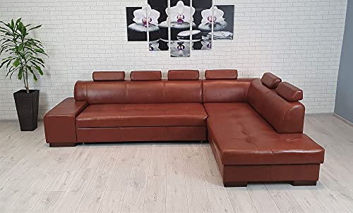 Quattro Meble Glanz Echtleder Antique Tabac Ecksofa London Pik 6z 300 x 200 cm Sofa Couch mit Schlaffunktion, Bettkasten und Kopfstützen Echt Leder Eck Couch