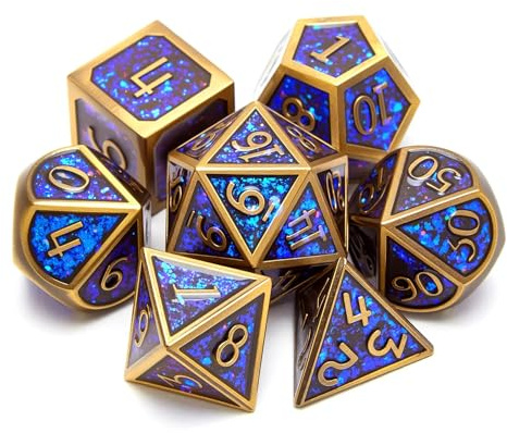 Metallwürfel-Set D&D, 7-teiliges Polyeder DND, D20, D12, D10, D8, D6, D4, Dungeons and Dragons Würfel-Set, geeignet für Rollenspiele, DND-Würfel-Set (Bronze + Blau)