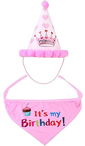 AIBAOBAO Hund Geburtstag Set, Hund Bandana & Hut, Baumwolle, Rosa, Large, Festlich, Tierdruck, Geburtstag, leicht, 2 Stück