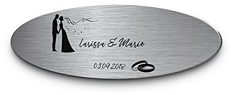 Hochzeitsschild aus Edelstahl oval mit Namen oder Spruch & Brautpaar | Wetterfest & viele Motive zB für Hochzeitsbank | Goldene Hochzeit Geschenke zur Silberhochzeit Just Married