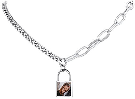 FindChic Personalisierte Halskette mit Foto Damen Panzerkette Gliederkette mit Schloss Anhänger Edelstahl statment Schloss Halskette mit Gravur Silber