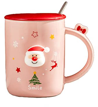 YT-KOKE Christmas Santa Claus Ceramic Coffee Mug with Red Lid Merry Christmas Cup Holiday Decorative New Year for Family Friends or Daily Use (Pink)