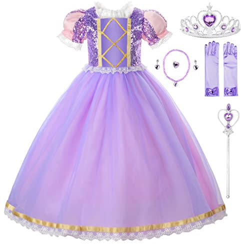 JerrisApparel Filles Princesse Costume Paillette Noël Fête Cosplay Déguisement Robe (8 Ans, Violet avec Accessoires)