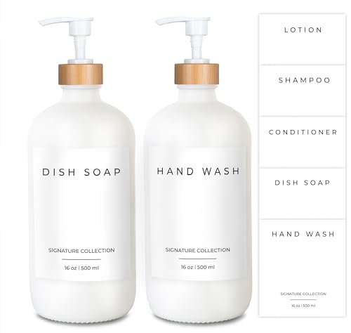 Emerson Essentials Dispensadores de botellas de jabón de vidrio grueso, paquete de 2, bombas dobles de bambú blanco, juego vintage moderno para baño, fregadero de cocina, juego doble, 16 onzas, con 4