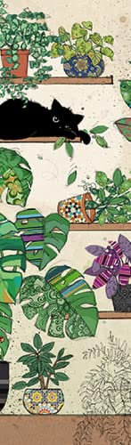 Marque pages chat noir dormant sur une étagère parmi des plantes vertes - dimension 17 * 5cm
