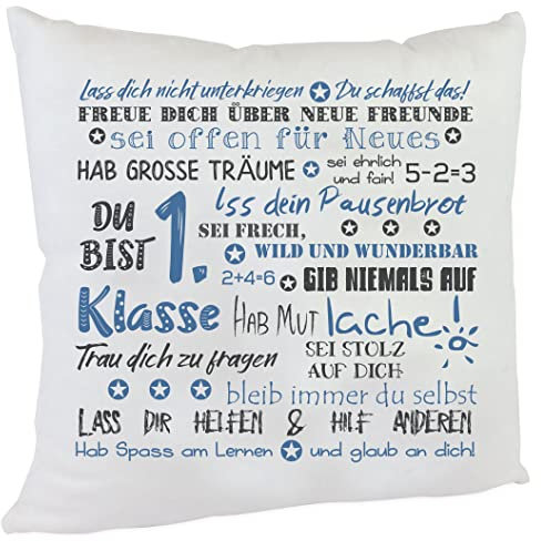 Kissen mit Spruch Geschenkidee für Kinder zur Einschulung des Erstklässlers Einschulungsgeschenk Bezug inkl. Füllung (blau/grau)