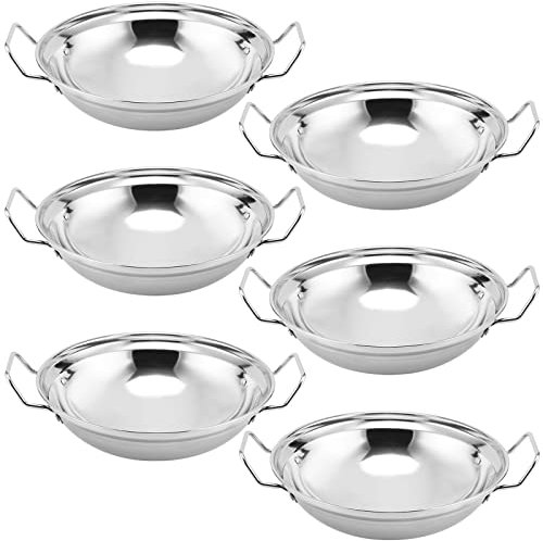 SINJEUN Set of 6 Stainless Steel Balti Serving Dishes 22cm/8.6, Round Curry Serving Dishes, Large Batli Bowls for Restaurants, Bars, Indian Cuisine
