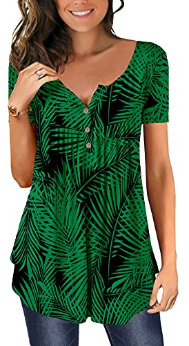 CHICZONE Womens Tunic Tops Plain Pleated V Neck Buttons Up Blouse Floral Printed Ladies Henley T-Shirt