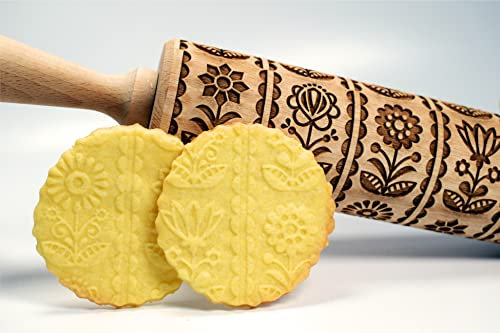 FIORI POPOLARI Mattarello Legno Goffrato | Mattarello Inciso | Rullo per Biscotti e per Modellare | Mattarello di Fiori | Mattarello Decorativo per Biscotti di Algis Crafts