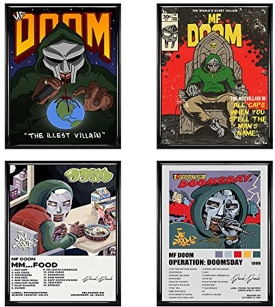 Syoolso MF Doom – 4 Stück Albumcover signierte limitierte Poster Raum ästhetischer Druck Rapper Musikposter Leinwand Wandkunst für Teenager und Mädchen Wohnheim Dekor 20.3x25.4 cm ungerahmt (MF Doom)