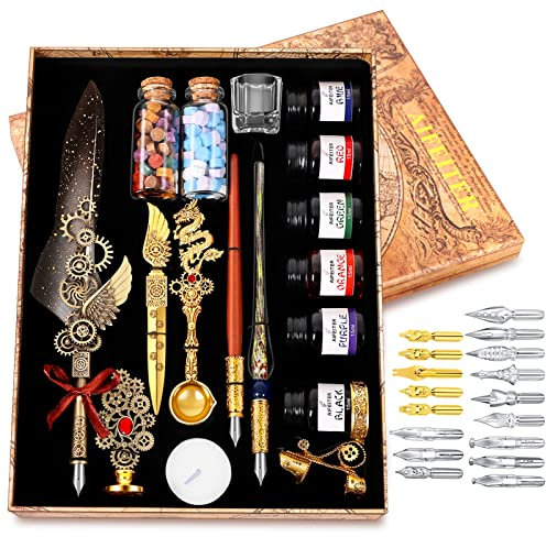 MPRINCE Schreibfeder Tinte Set Leder Notizbuch mit Quill Stift, Notizbuch, 5 austauschbare Federn, Siegel Stempel, Löffel, Wachs Perlen, weißes Wachs, Tinte, Stifthalter-Grau