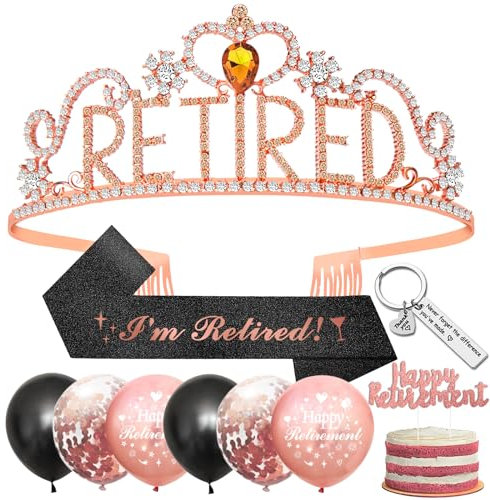 SWPEED Retirement Gifts for Women, Retirement Decorations Rose Gold Retired Crown Crystal Tiara, I'm Sash, Happy Balloons, Cake Topper Party Gift Ideas Leaving