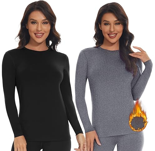 SIMIYA Thermal Tops Womens Round Neck Soft Base Layers Long Sleeve Top Women Thermal Underwear Shirt Warm Wicking (Black+Grey, M)