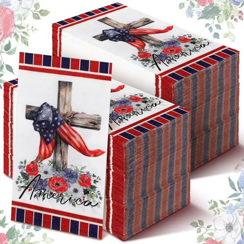 Lot de 200 serviettes en papier jetables pour invités patriotiques, 2 plis, pour le jour des élections, la fête des anciens combattants, le jour de l'indépendance, les fêtes américaines (croix)