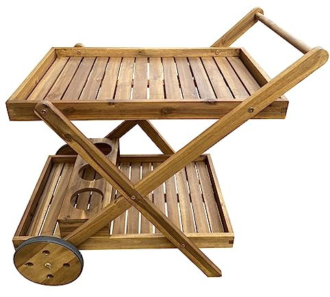 CLICK-DECK Carrello da bar all'aperto | Carrello per bevande in legno | Carrello da giardino su ruote | Carrello per bevande a 2 livelli con supporto per vino | Carrello da portata mini bar | Carrello