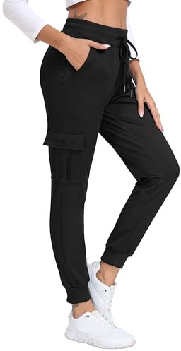 JINSHI Jogginghose Damen Cargo Warme Microfleece Lauf Trainingshose Winter Sweatpants Hohe Taille Freizeit Outdoorhose mit Großen Taschen Schwarz S