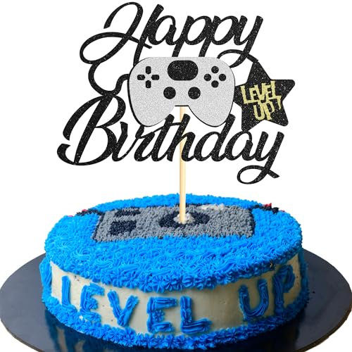 Sumerk 1 PCS Video Game Happy Birthday Cake Topper Video Game Controller Theme Birthday Party Decorations for Baby Shower Kids Boys Girls Birthday Party Supplies(Sliver)