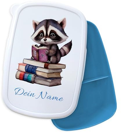 GRAZDesign Personalisierte Brotdose Waschbär mit Namen, Jausenbox für Kinder Kindergarten und Schule, Geschenk zur Einschulung - blau