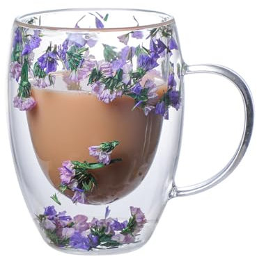 Entonic Tasse en Verre à Double Paroi avec Fleurs Séchées, Mugs à Café Tasses avec fleurs Isolation Thermique et Poignée Résistante Chaleur, Cadeaux Idéaux pour Épouse, Maman et Amie (C)