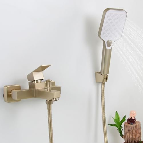 SHANFO Badewannenarmatur mit Handbrause, Armatur Badewanne Set, Wannenarmatur mit Brause, Wannenbatterie Set, Gold Gebürstet, 1Y4OK