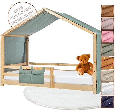 Lovely Hippo Hausbett Himmel - 100% Baumwolle Betthimmel Hausbett aus Musselin - Bett Vorhang Kinderbett - Himmelbett Vorhänge für 90x200 (Eukalyptus/Gold Tasche, 97 x 402cm)