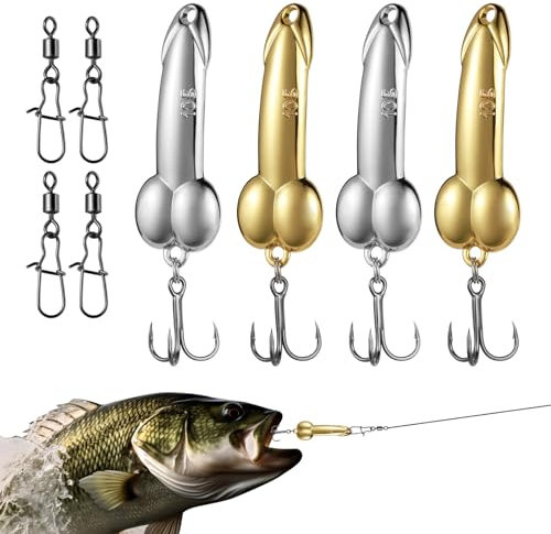 Annyswit 4 Pcs Metal Fish with Trebles Hooks & Rolling Fishing Swivels Zinc Alloy Spoon Fish Lure Gold Silver Sequin Fishing Tackle Tool for Deepwater Bait