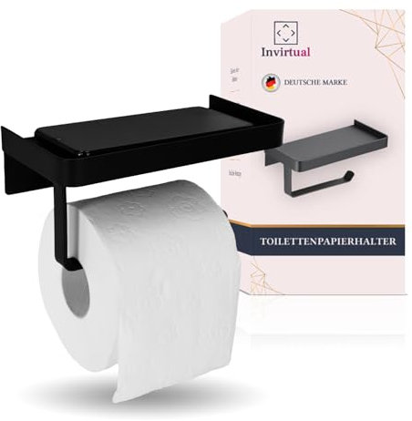 INVIRTUAL® Toilettenpapierhalter ohne Bohren Schwarz – Klopapierhalter mit Ablage & Abrutschkante – Edelstahl Klorollenhalter zum Kleben & Bohren – WC Papierhalter Badzubehör matt