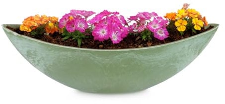 Macetero ovalado para exterior, cuenco decorativo grande en verde jaspeado como maceta para flores, jardinería de 55 cm para jardín, balcón o cementerio como joya para tumba resistente a la intemperie