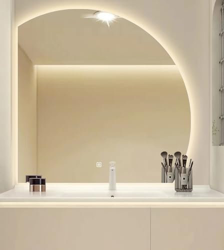 Halbrunder Spiegel mit Beleuchtung, Wandspiegel Badspiegel mit Dimmbar 3 Lichtfarbe Einstellbare und Touch-schalter, Asymmetrisch Dekorative Spiegel für Badezimmer, Flur(Right Undercut-3 Colors,50cm)