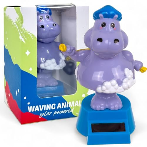 MIJOMA Solarbetriebene Wackelfigur - Bewegliche Figur mit Solarzelle, Kunststoff, 10 cm hoch, Keine Batterien notwendig, Für Fensterbretter, Autos & sonnige Plätze (Nilpferd Kawaii)