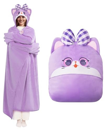 Mewaii Tragbare Decke mit Kapuze und Ärmeln im Lila Katze Design Kuscheldecke mit Handschuhen Weiche Flanell Sherpa Decke für Damen und Herren Ideal für Zuhause Reisen und Tierliebhaber