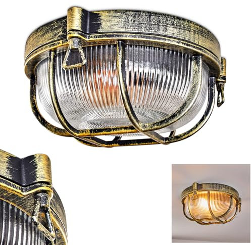 HOFSTEIN Außendeckenleuchte Godel, Außendeckenlampe aus Metall/Riffelglas in Schwarz/Gold/Klar, Deckenleuchte für draussen im Industrial/Vintage-Design für Eingangsbereich, Balkon, Terrasse, E27, IP44