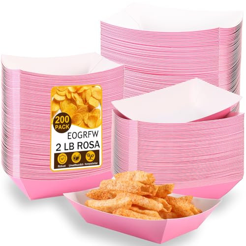 EOGRFW Paper Food Trays, 200 Pieces 2 Pound Disposable Food Ships, Pink Nacho Trays, Pink Hot Dog Trays, Serving Boats for Party, Picnic, Carnival (2 lbs)
