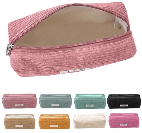 Guishop-EU Trousse à Crayons en Velours CôTelé, Trousse à Crayons Unie, Grande Trousse De Papeterie, Trousse De Maquillage, Trousse à Crayons avec Fermeture éClair, Sac De (Rose)