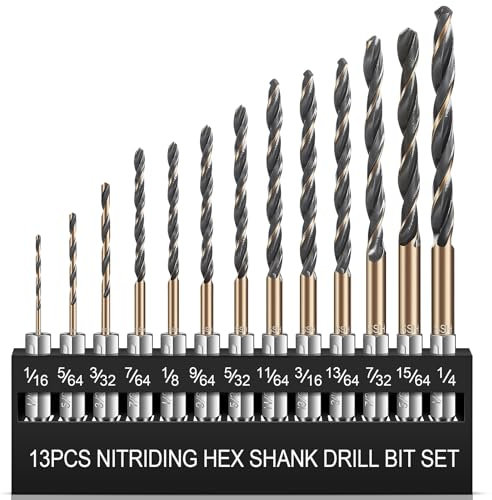 Juego de 13 brocas de vástago hexagonal, brocas helicoidales de nitruración HSS profesional, broca con revestimiento negro y dorado, diseño de cambio rápido para madera, acero, metal y plástico, 1/16