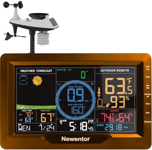 Newentor Weather Station Wireless Indoor Outdoor, Weather Stations with Rain Gauge and Wind Speed, Thermometer Weather Clock Barometers for Home, Atomic Clock with Wind Meter Sensor, Brown