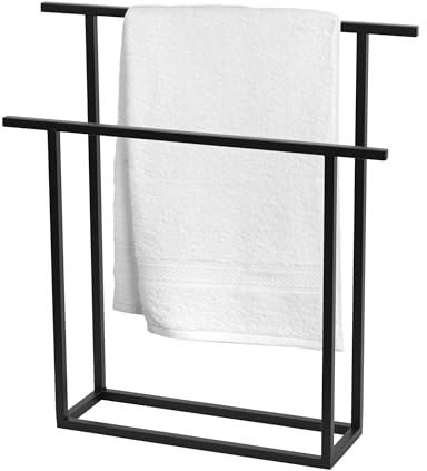 FRAMADO - Handtuchhalter Stehend - Handtuchständer Freistehend - BxTxH 80cm x 20 x 85 cm - aus Metall, mit 2 Stangen und Anti-Rutschpads, EU Produkt, ohne Montage - Badetuchhalter T-STILO Schwarz