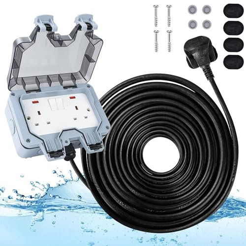 CROWNSHOP Weatherproof Outdoor Socket Waterproof Double Socket 5M Extension Lead IP66 Switched Wall Electrical Outlet 2 Gang Power Socket,Garden Outside Plug Sockets Cover Box (25m)