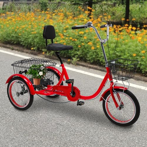 16 Zoll Dreirad Fahrrad Senioren Erwachsene 3-Rad-Dreirad Mit Korb Tricycle Bike FahrräDer ÄLtere Trike für Spazierengehen Einkaufen Reisen Spazierengehen Erledigen von Besorgungen usw (Rot)