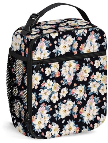 MGDDB Tragbare Lunchtasche mit Blumenmotiv, isolierte Mahlzeiten-Tasche, Aquarell-Kirschen und Jasmin, wiederverwendbare Lunchbox, Kühltasche, Lebensmittelbehälter für Arbeit, Reisen, Picknick