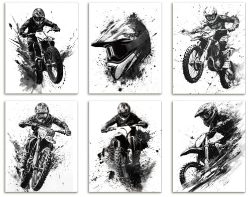 DOODLREAM 6 Stück rahmenlose Motocross-Fahrer Wanddekoration 20,3 x 25,4 cm | Schwarz-Weiß wasserfeste Poster, Wanddekoration für Garage, Männerhöhle, Spielzimmer, Homeoffice und Schlafzimmer