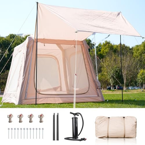 Ytaoeo Inflatable Tent Outdoor camping tent for 2-4 people Inflatable camping tent made of waterproof Oxford fabric Air glamping tents for 4 seasons campings (2-4 Person Beige)